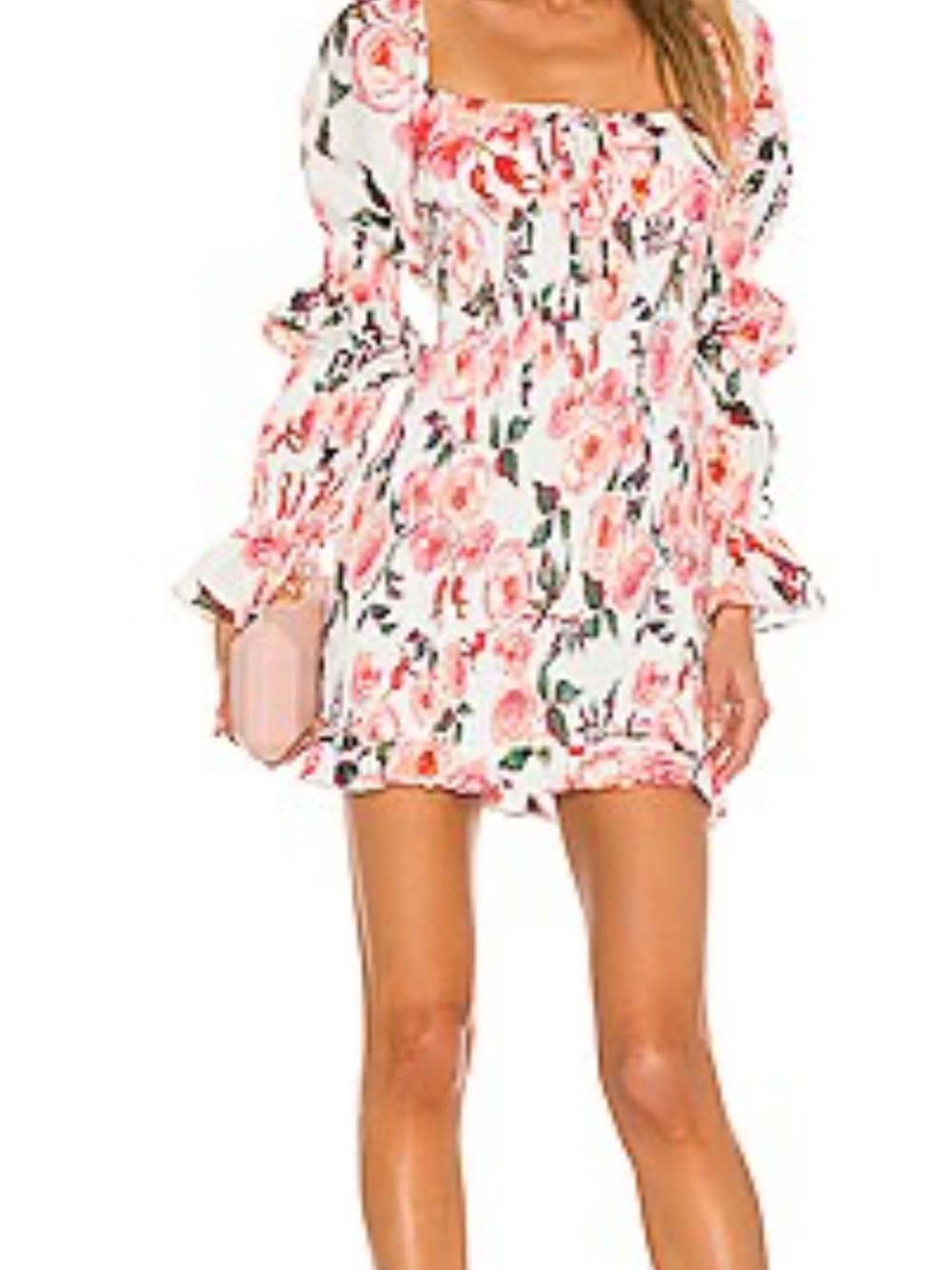 Sau Lee revolve Square-Neck Smocked dress linen Pink Floral Betty Mini Dress